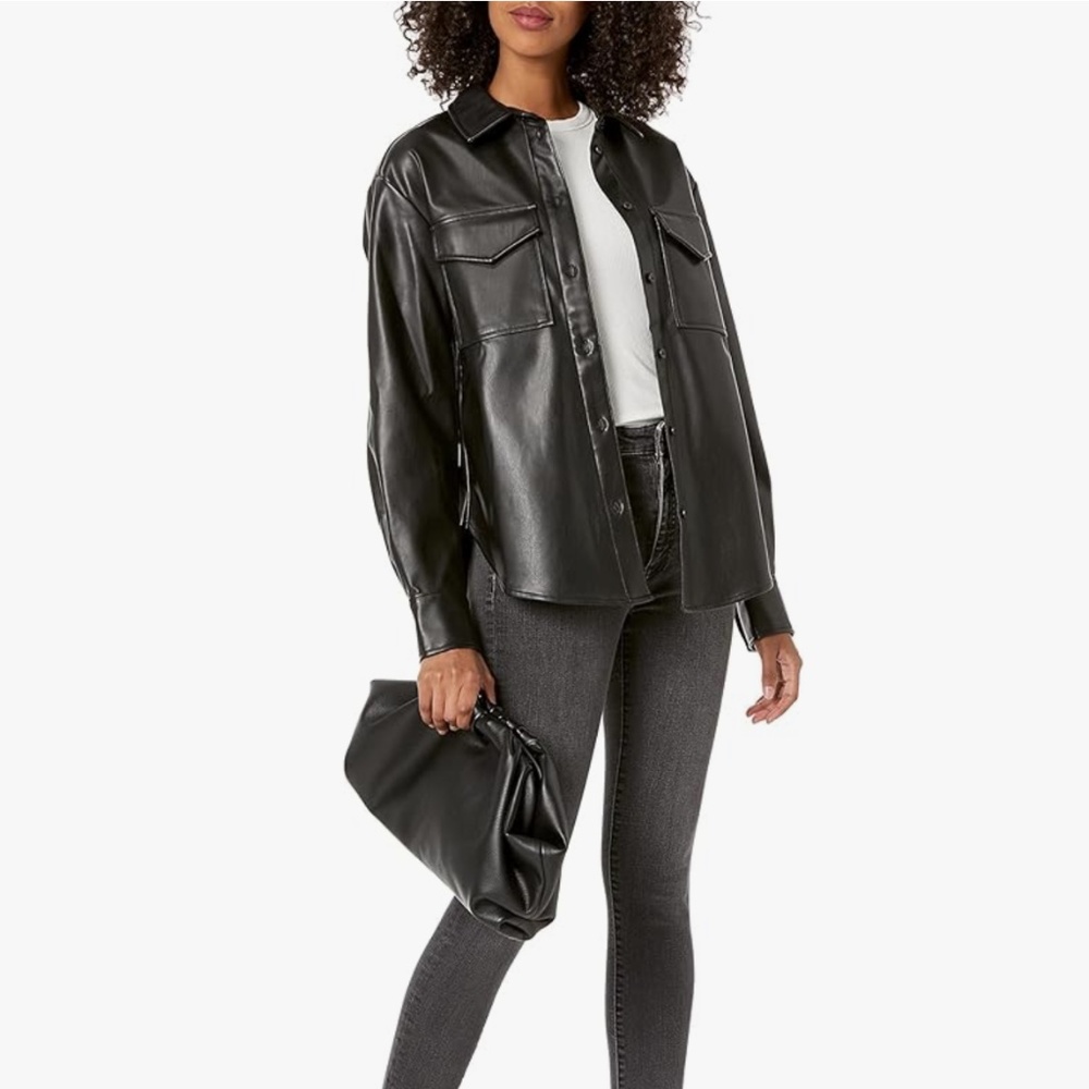 NWT $68 The Drop Lisadnyc Faux Leather Black Jacket Shirt Long Sleeve Sz Small